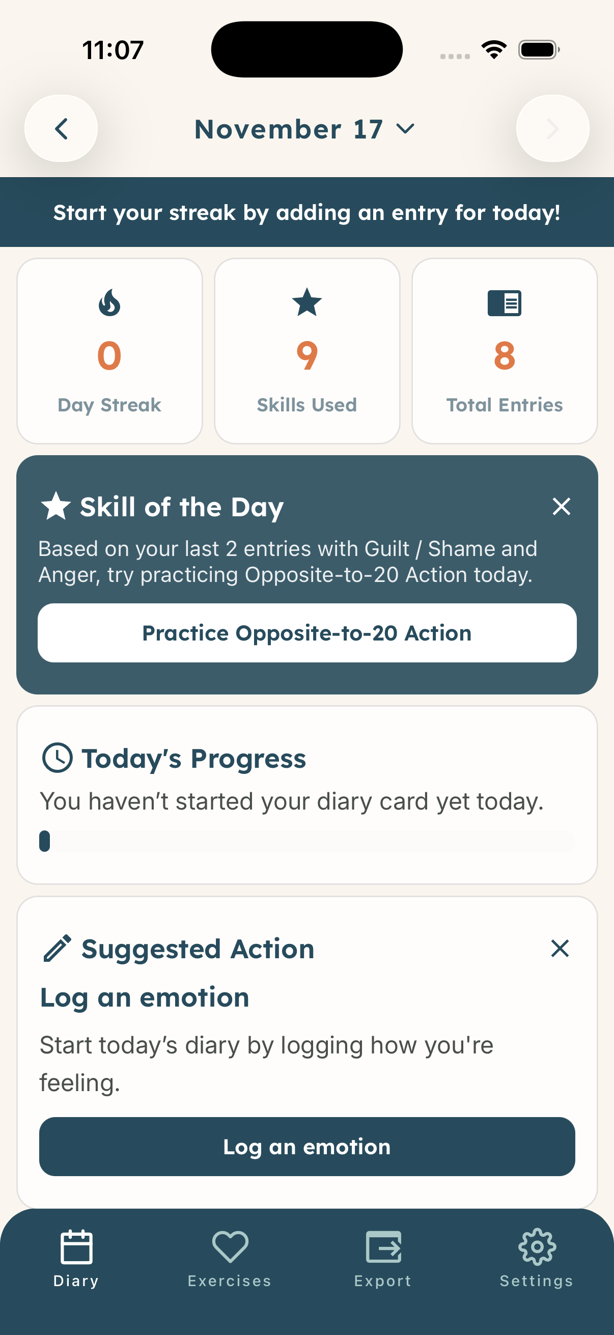 DBT Pal Diary Screen - Track urges and emotions