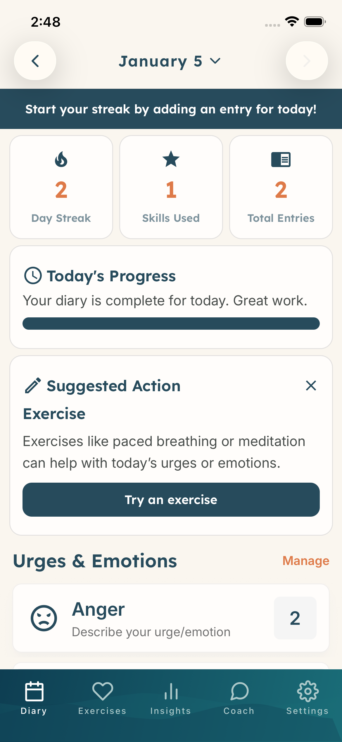 DBT Pal Home Screen - Today's Progress and Suggested Actions