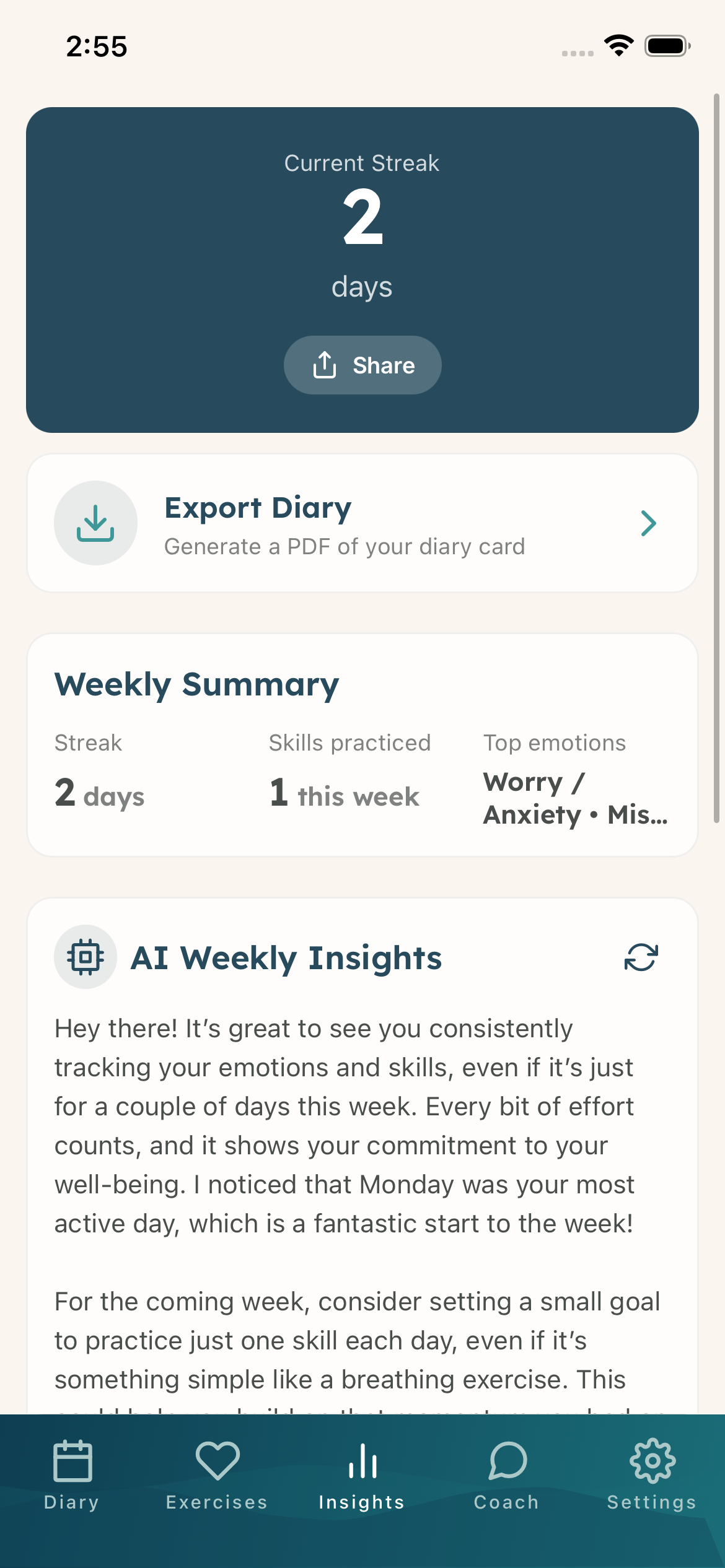 DBT Pal Insights - Weekly summary and AI insights